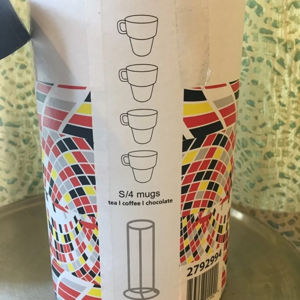 Set of 4 Mid Century Modern Coffee Tea Mugs stackable red yellow white black